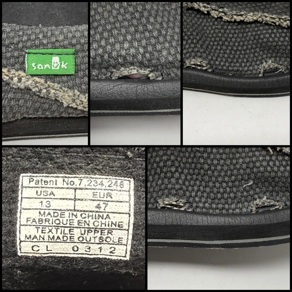 Sanuk Mens Sidewalk Surfer Charcoal Grey Canvas Slip On Loafers Size 13 EU 47